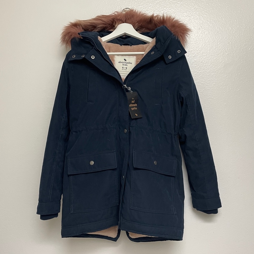 NWT Abercrombie KIDS 15/16 Ultimate Parka Navy Blue Pink Women XS/S